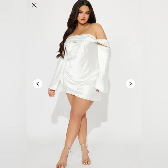 Off-Shoulder Satin Mini Dress- Ivory - Picture 3 of 4